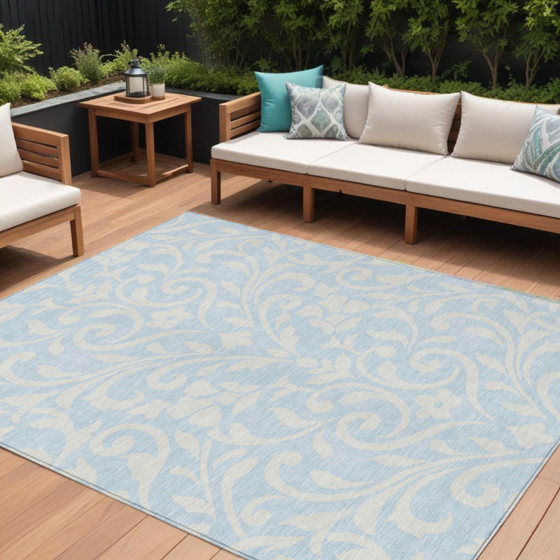 Tapis extérieur lavable floral bleu ciel et ivoire 8 pi x 10 pi