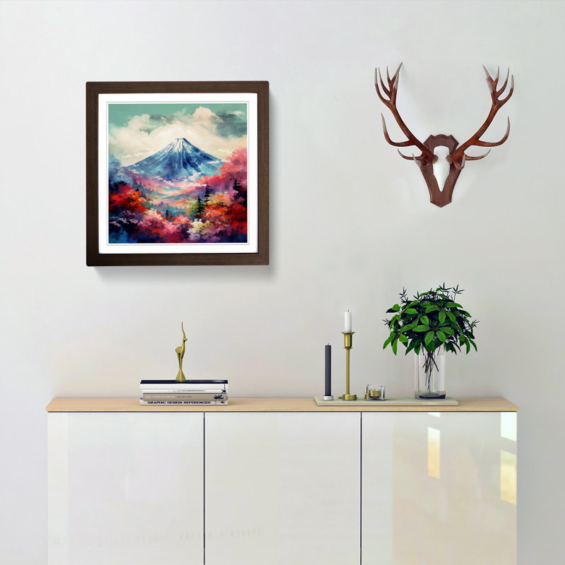 Japanese Mountains Impressionism No.1 - Single Picture Frame Print on Wood, Walnut