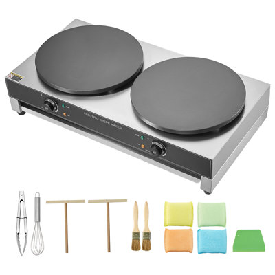 Crêpière électrique professionnelle double tête 40 cm (16 po), 3400 W, plaque de cuisson plate, 120 V CA, 60 Hz, revêtement antiadhésif en acier inoxydable, crêpière de table circulaire pour céréales.