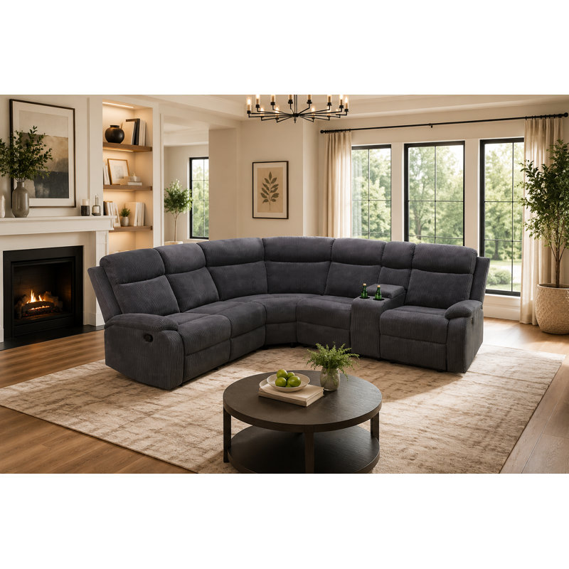 Canapé modulaire inclinable en tissu rayé gris foncé 3 pièces avec causeuse gauche, coin d'angle, causeuse droite et porte-gobelets
