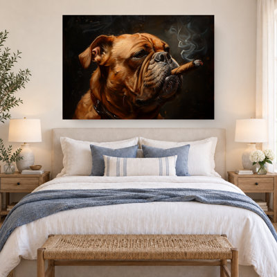 Brown Bulldog Smoking Cigar Dark Portrait Canvas Wall Art
