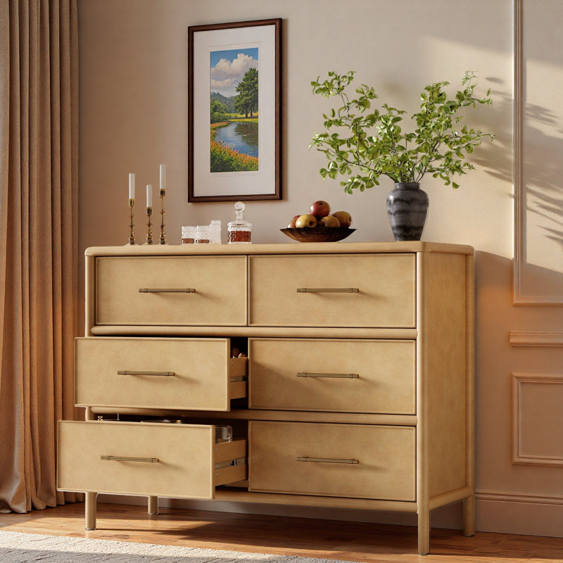Commode avec 6 tiroirs et poignées dorées, Naturel