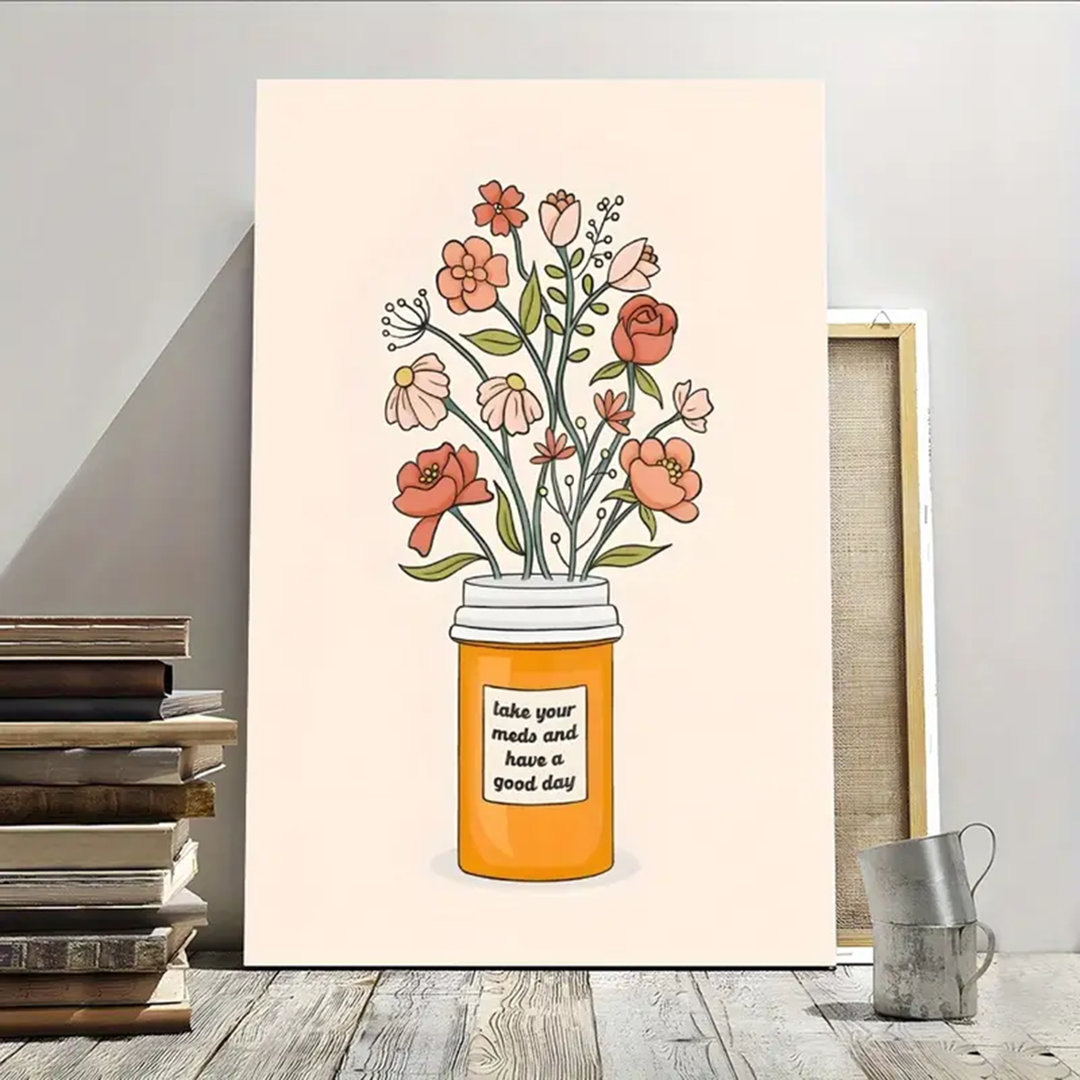 60*40 1Pc Framed "Take Your Meds And Have A Good Day" Mental Health Awareness Art Print - Floral Capsule Design, Textured Canvas Wall Decor For Bedroo