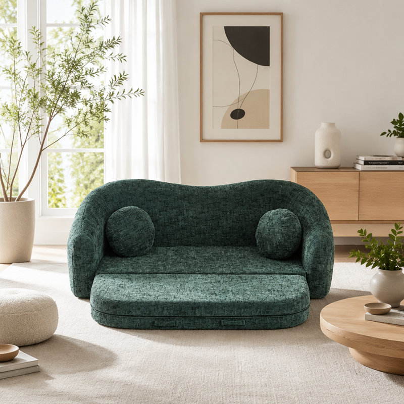 Canapé inclinable incurvé convertible, canapé-lit 2 en 1 escamotable, avec base escamotable et siège profond, comprend deux coussins, fauteuil inclinable en chenille deux places