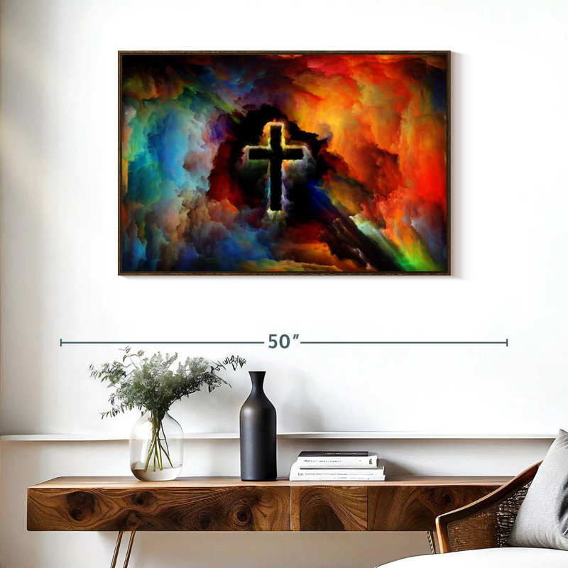 Croix colorée, 37 po x 25 po, Cadre flottant noyer