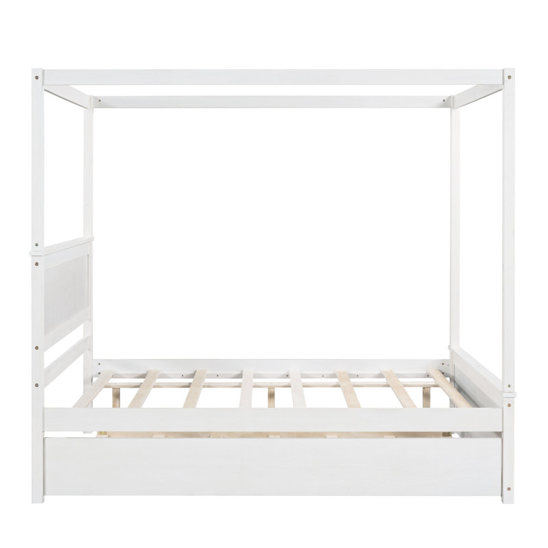 Wood Canopy Bed With Trundle Bed ,Full Size Canopy Platform Bed With  Support Slats .No Box Spring Needed, Brushed White