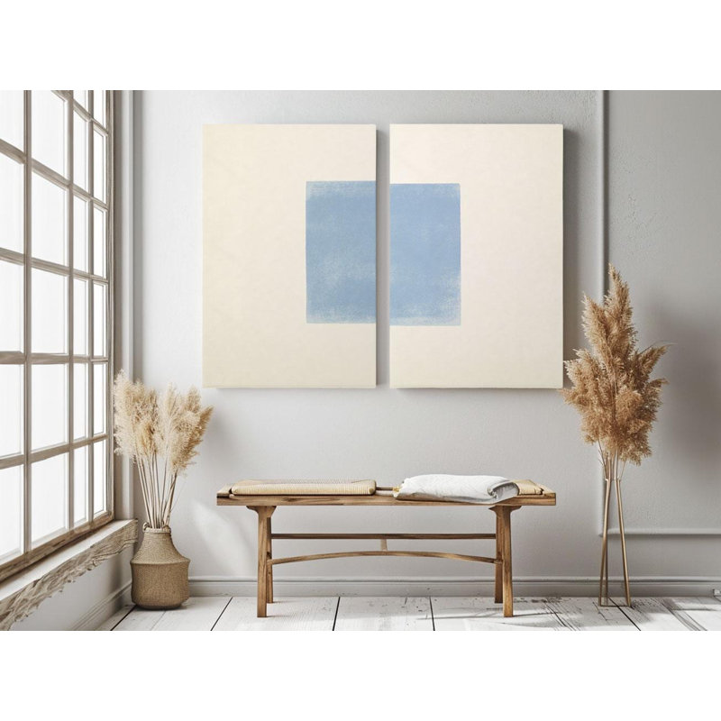 Art mural abstrait carré minimaliste bleu, ensemble de reproduction sur toile Diptyque - décor de salon moderne bord de mer, grande peinture géométrique simple, reproduction de peinture