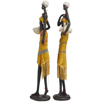 Yellow Polyresin Woman Handmade African Decorative Sculpture with Water Jugs and Jeweled Details, Set of 2