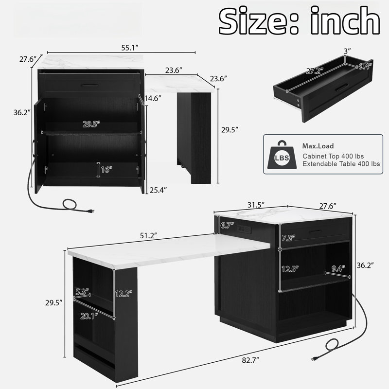 Kitchen Island With Extendable Dining Table, Power Outlet, 2 Drawers, 2 Side Open Shelves And Double-sized Storage Design