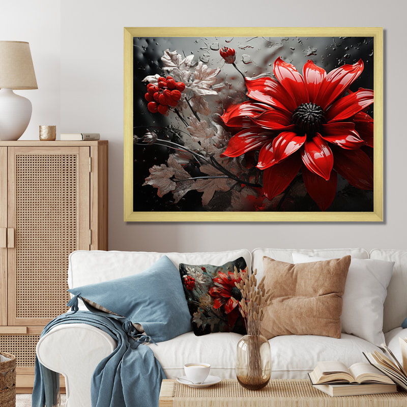 «Red Grey Botanical Symphony II», art mural botanique abstrait, Cadre doré, H 24 po x l 32 po x P 1 po