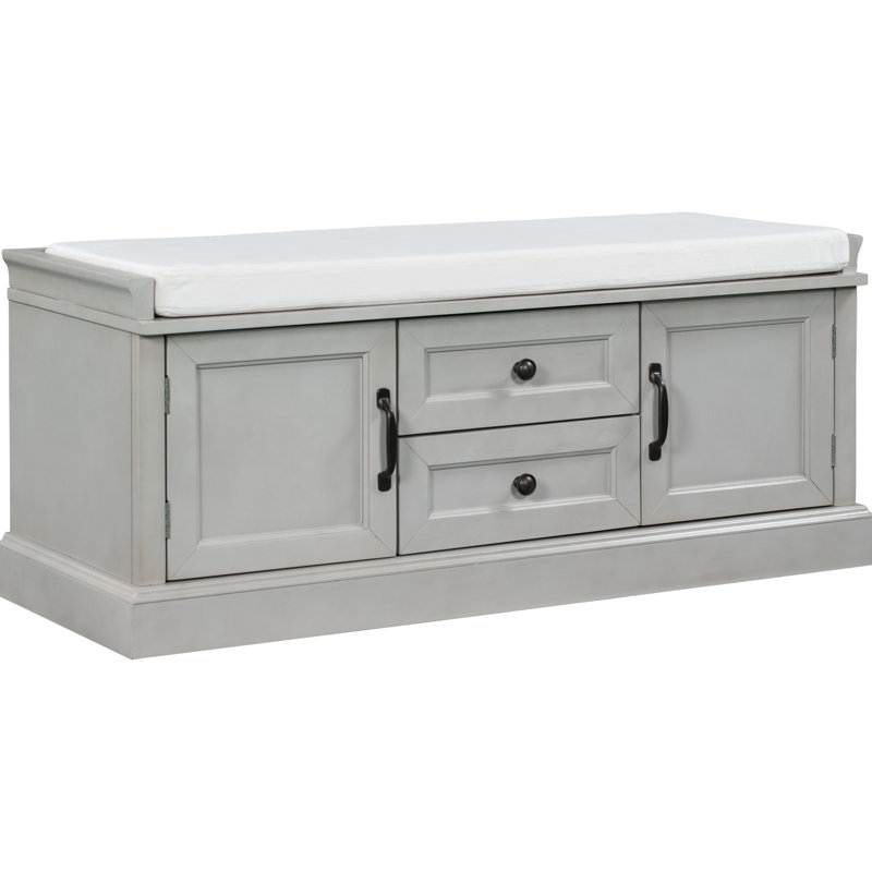 Banc de rangement à 2 tiroirs en gris délavé avec coussin de rangement.