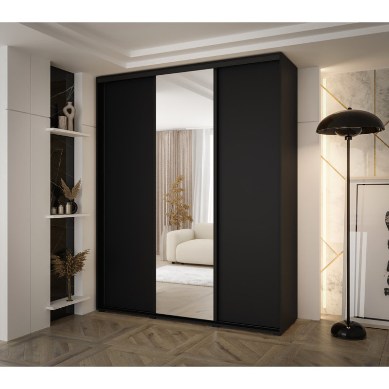 3 Door Manufactured Wood Wardrobe, Black, 235.2cm H x 200cm W x 45cm D