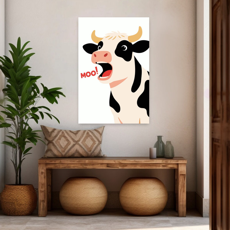 Vache drôle et meuglante - Illustration abstraite contemporaine représentant une vache dans un paysage naturel, 48" H x 32" W