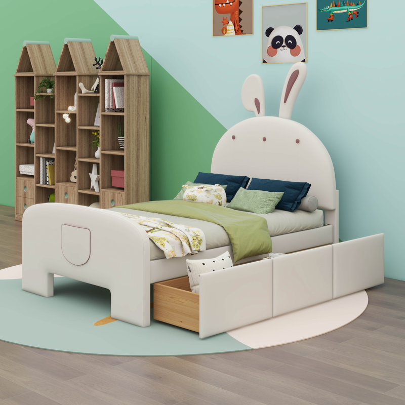 Un lit plateforme en velours avec une tête de lit en forme de lapin, Beige, Simple
