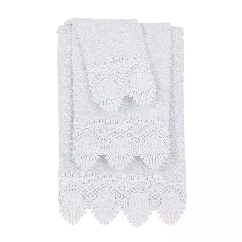 3-Piece Crochet Lace Border Bath Towel Set, White