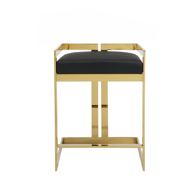 Upholstered Counter Stool, Gold, Black Genuine Leather