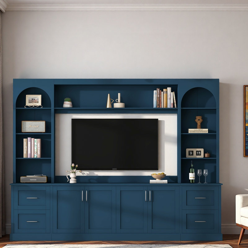 Meuble audio-vidéo arqué moderne avec tiroirs, grandes armoires, tablettes réglables, présentoir et trous pour câbles, Bleu
