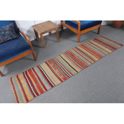 Vintage Red Turkish Kilim Anatolian Striped Runner Rug Ideal for Boho Chic Hallway Decor