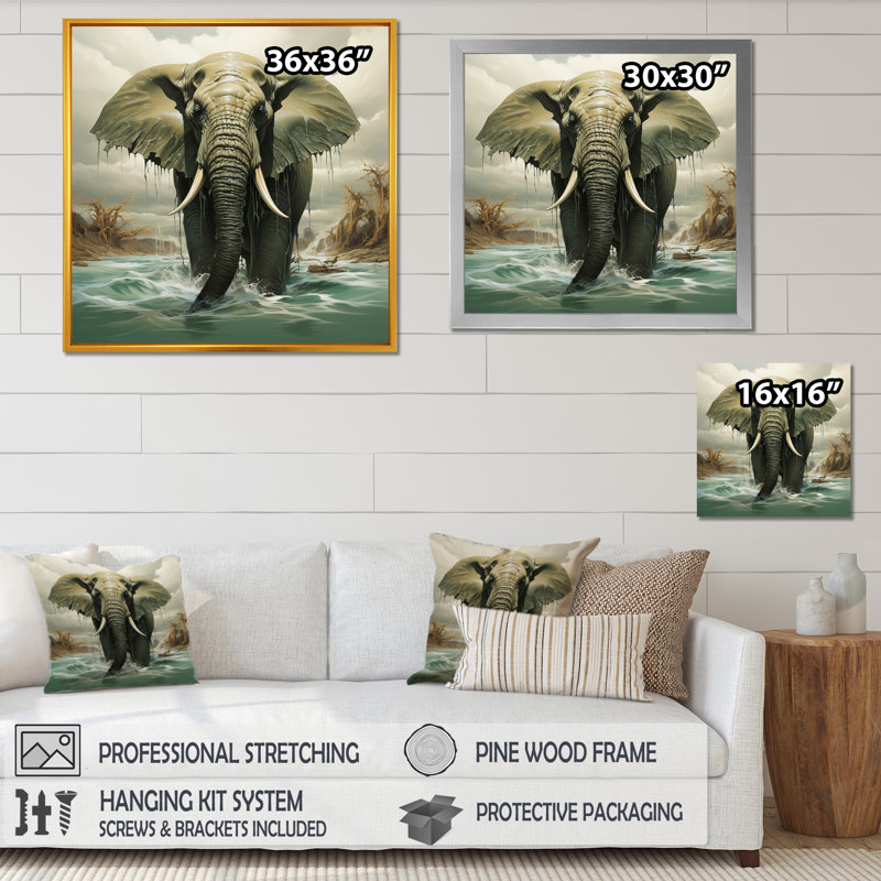 Éléphant gris, paysage de rêve - Éléphant, art mural, H 30 po x l 30 po x P 1,5 po, Cadre simple argenté