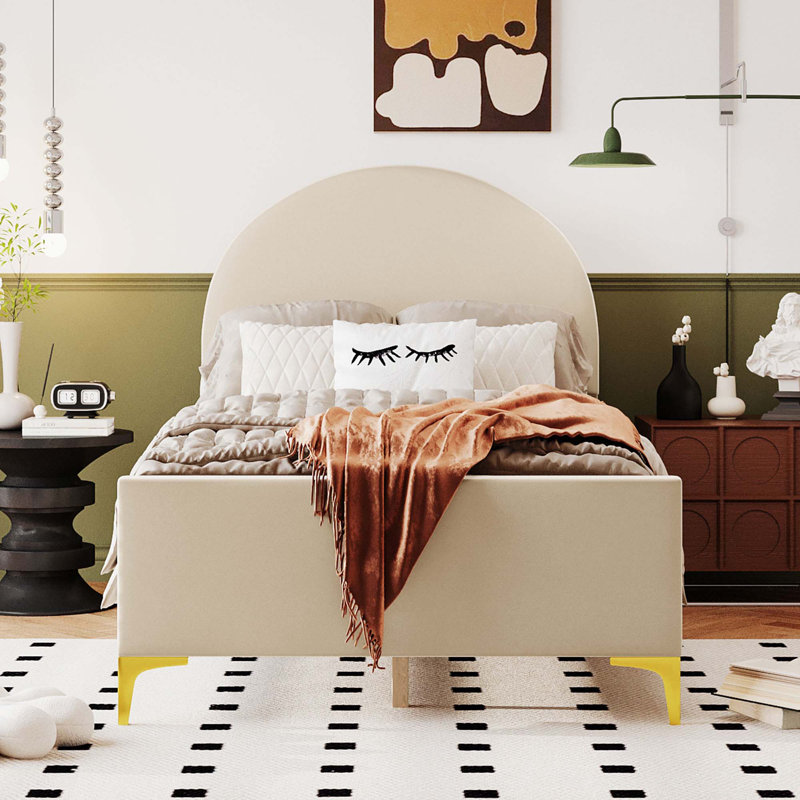 Lit plateforme tapissier avec tête de lit demi-cercle classique et pieds mentaux, velours, Beige, Twin