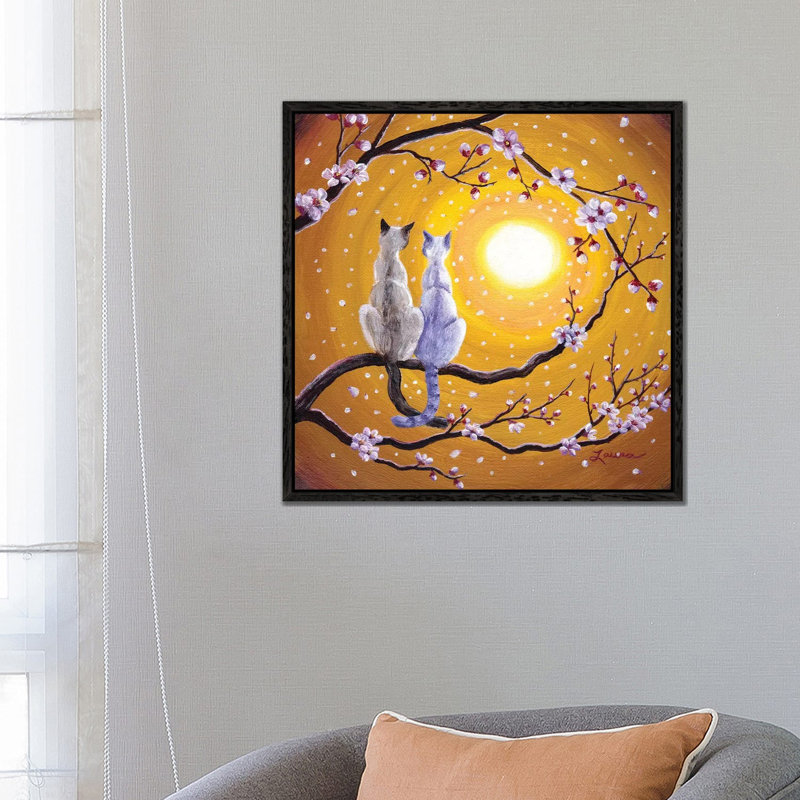 Siamese Cats Nestled in Golden Sakura 1 Piece Painting on Canvas, 66.04cm H x 66.04cm W x 3.81cm D, Black Floater Framed