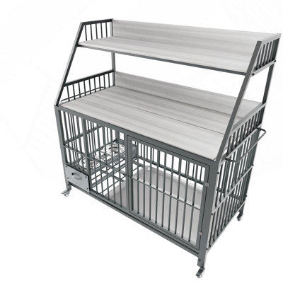 Large Pet Cage With Storage Rack, Drawers With Stainless Steel Food And Water Basins, Double-Layer Storage Rack Made Of Iron Frame And MDF Material, S