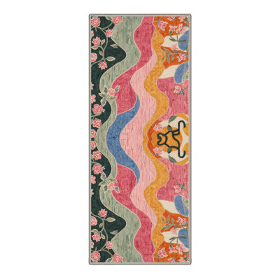 Verdant Floral Machine Washable Green / Pink / Blue / Yellow / Orange Indoor Area Rug with Non-Slip Backing