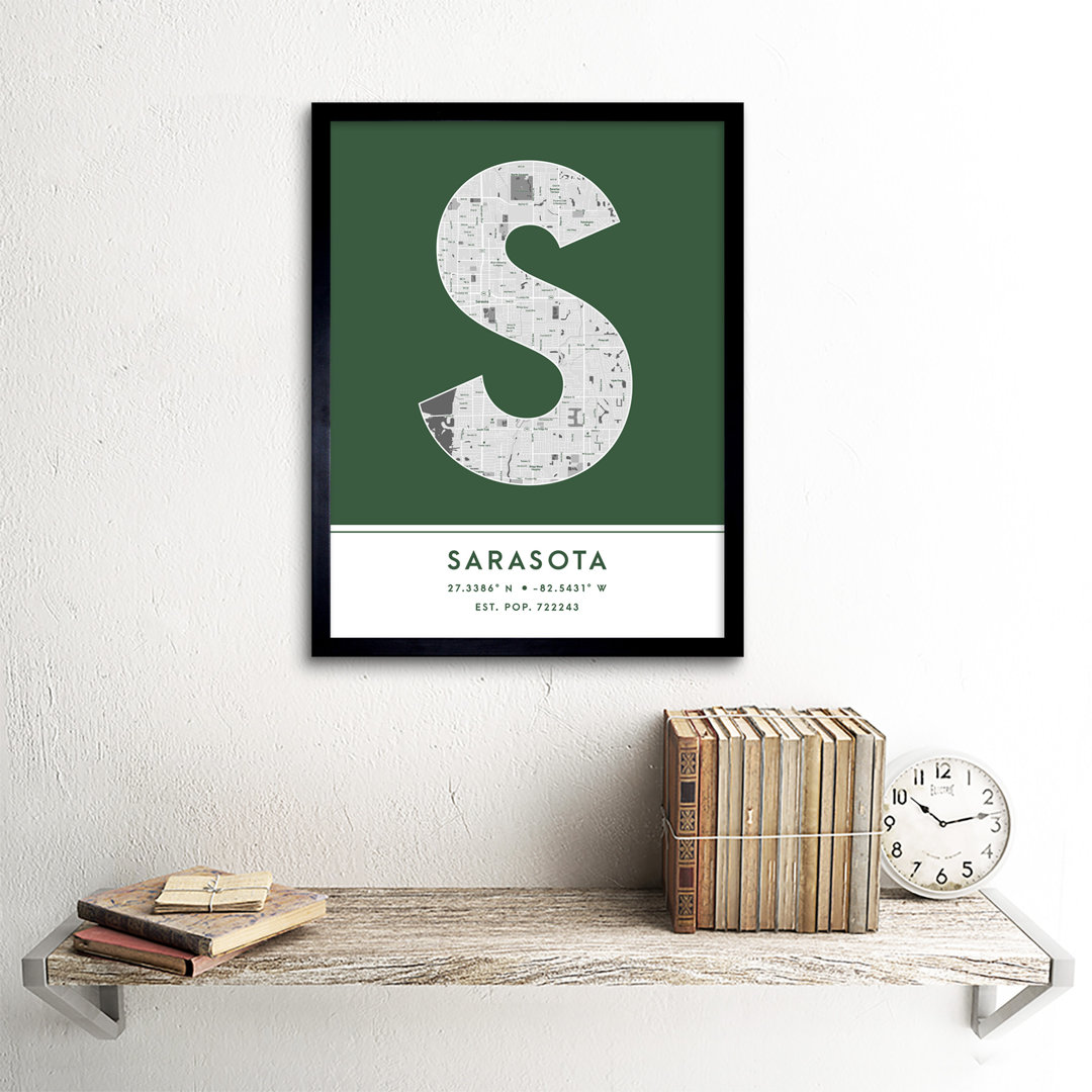 Sarasota City Map Sarasota Green by Wee Blue Coo - Single Picture Frame Typography