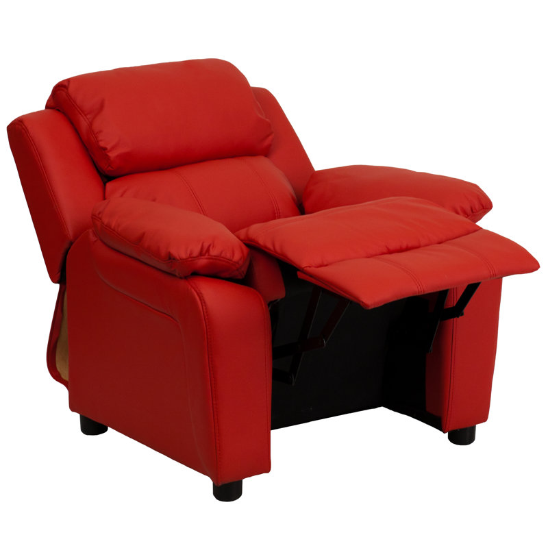 Deluxe Padded Contemporary Kids Recliner with Storage Arms, Vinyl - Red