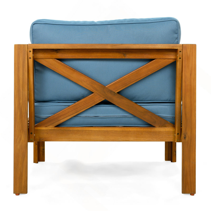 Fauteuil club d'extérieur en bois d'acacia avec coussins, ensemble de conversation, finition teck, 2, Bleu