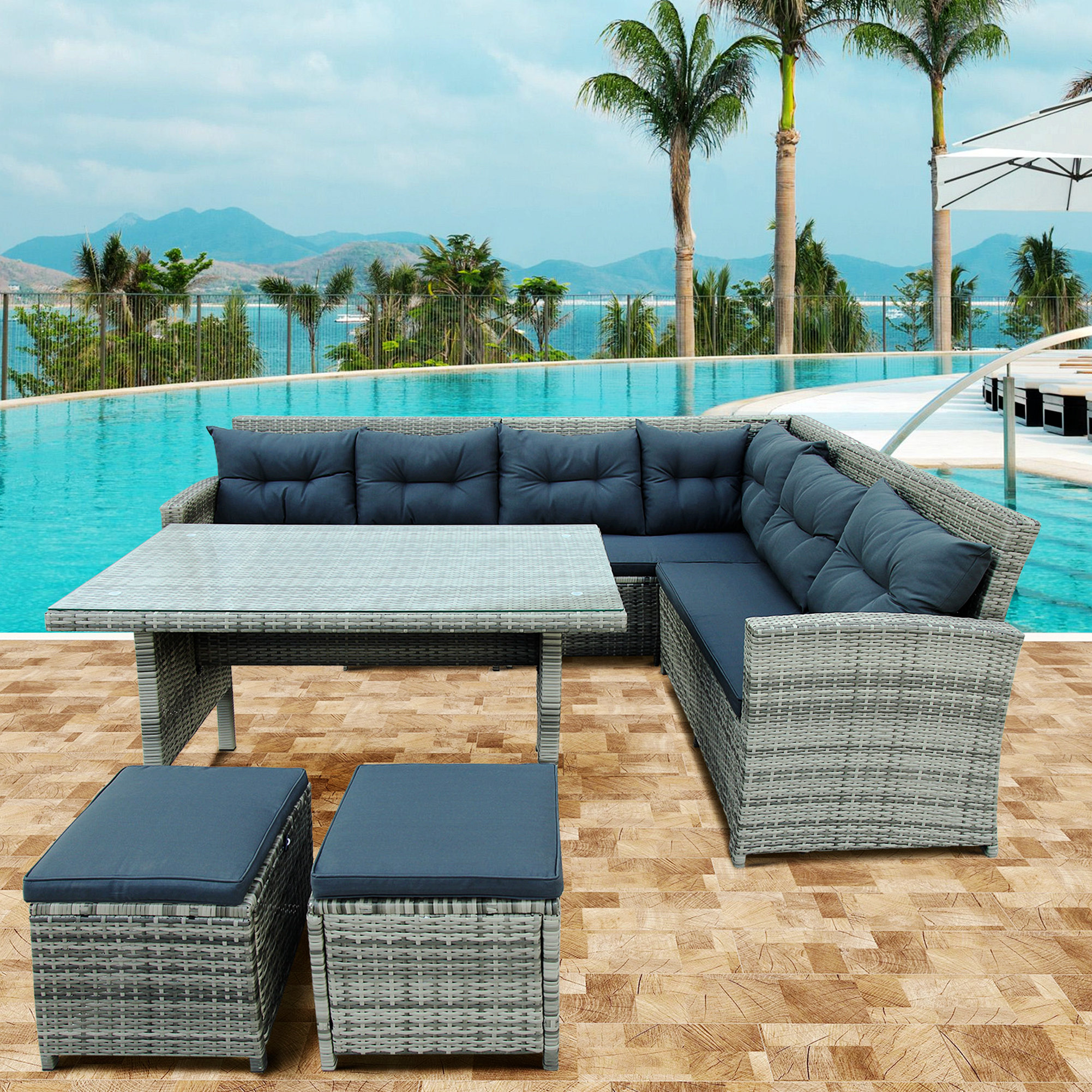 Red Barrel Studio® Outdoor Sectional Sofa Set with Glass Table ...