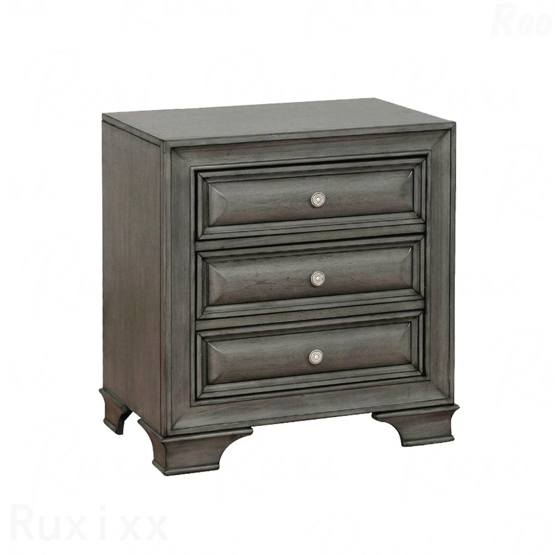 Table de chevet 3 tiroirs en bois gris avec prise USB et prise de courant