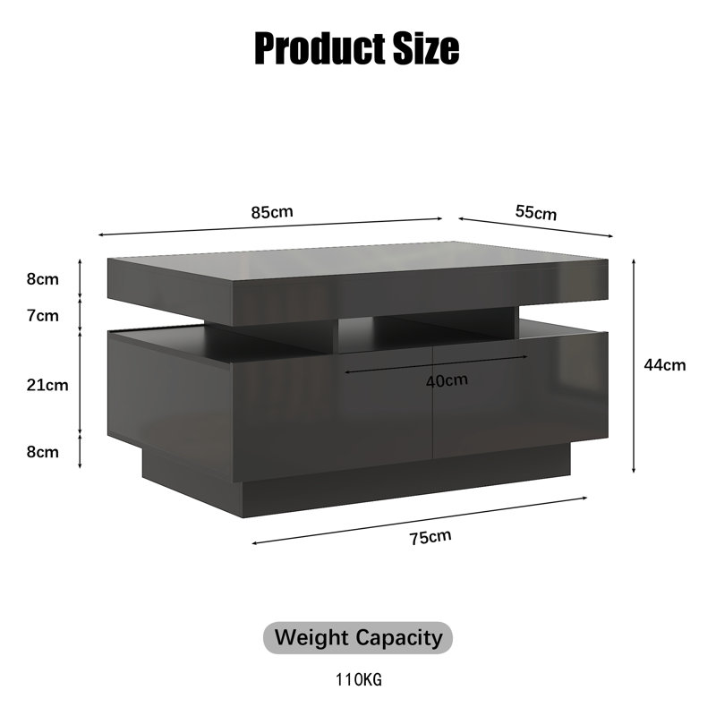 Alpena Modern High Gloss Coffee Table with 4 Drawers and LED Lights, Black