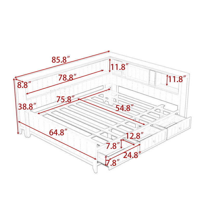 Crionna Wood Daybed with Built-In Storage Drawers and Shelves, Full/Double