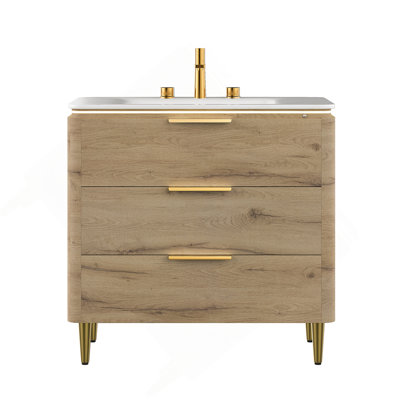 AMARA 36'' Bathroom Vanity With Sink, Freestanding Curved Edges Plywood Bathroom Storage Cabinet With 3 Drawers, Carrara White Sintered Stone Integrated Basin, Pre-Assembled, White Oak Woodgrain Color