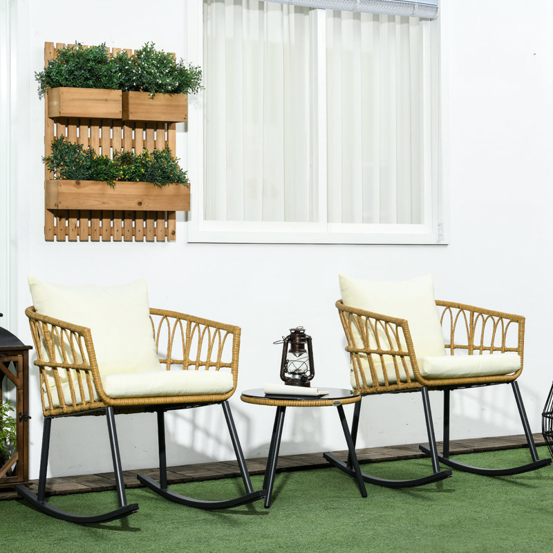 Ensemble bistro 3 pièces avec coussins - blanc crème. Chaises berçantes et table basse Delight Meuble de patio avant pour chaise Joy