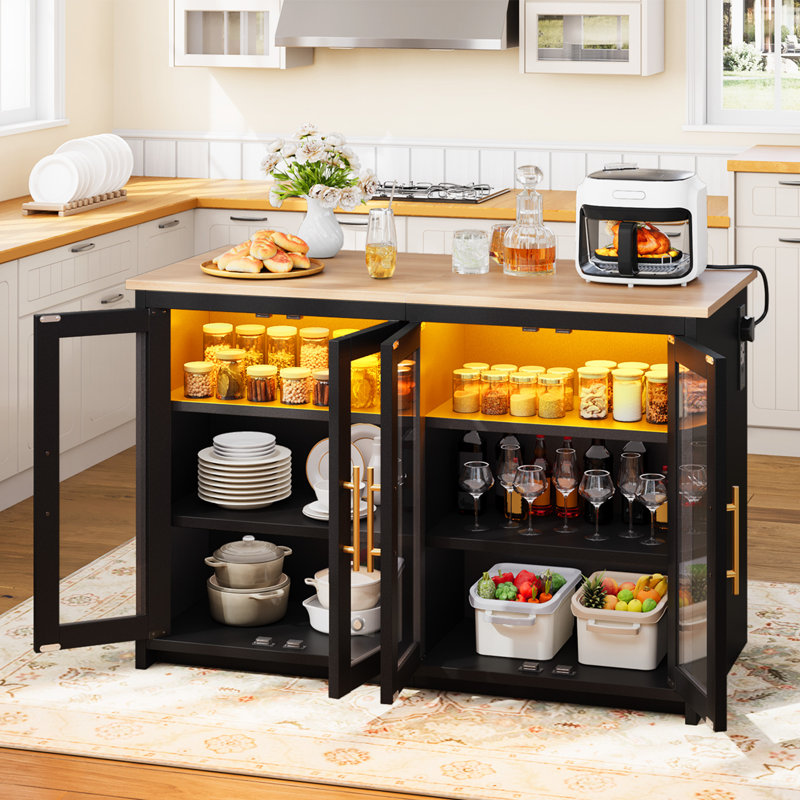  130cm W Kitchen Island With 4 Acrylic Doors & 3-Color LED Strip, Black/Oak Wood