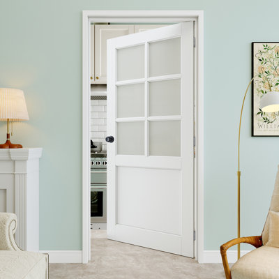 Porte pré-suspendue en verre givré 6-Lite de 36 po x 80 po avec bouton rond et charnières argentées, dalle de porte d'intimité en verre, peint et imperméable, combinaison pour la lessive, portes de placard, portes de pièce, droite