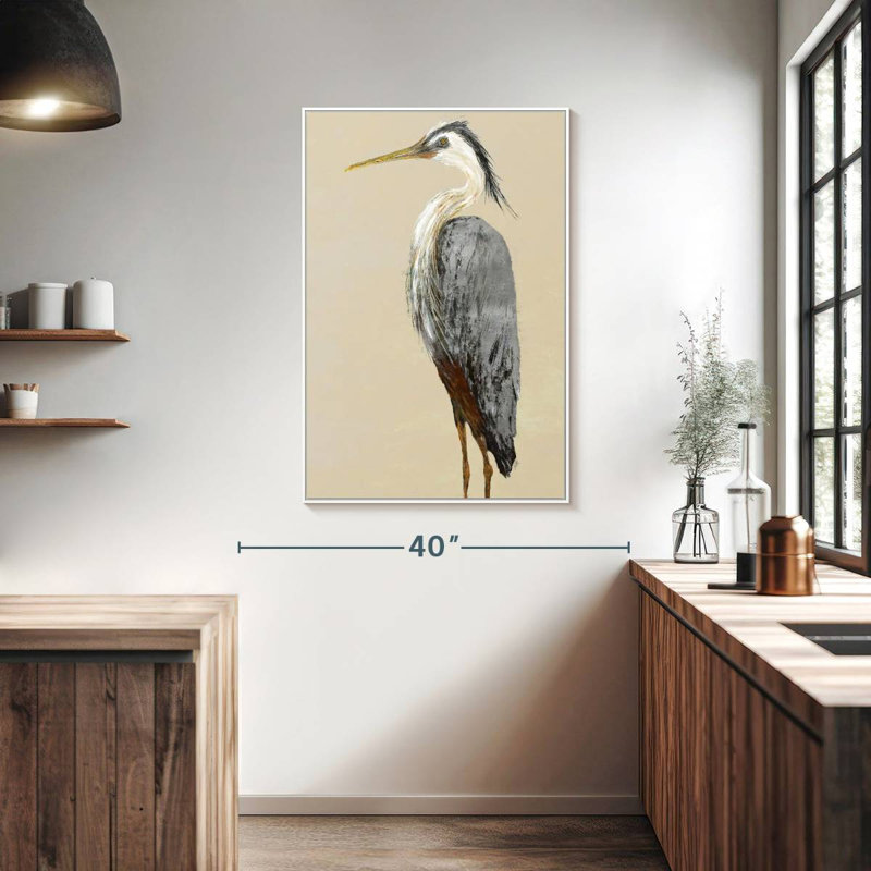 Héron sur fond brun clair II, Cadre flottant blanc, 27 po x 40 po