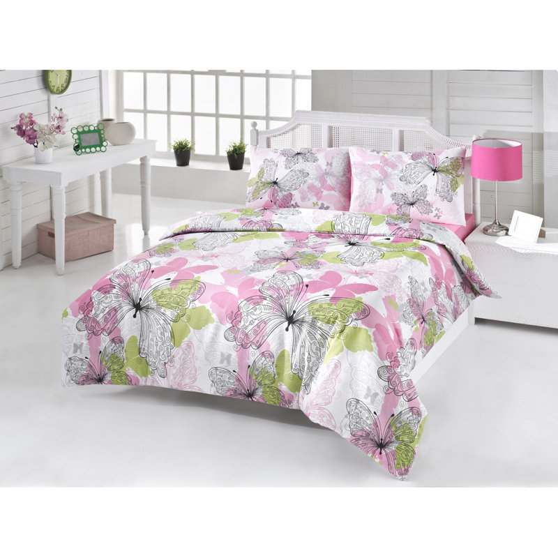 Ensemble de housse de courtepointe luxueuse très grand (3 pièces), rose / blanc et vert / noir, 78,7 po x 86,6 po | 65% coton / 35% polyester, 127 fils | Lavable à la machine, enveloppe élégante et fermeture à boutons, conception confortable et élégante