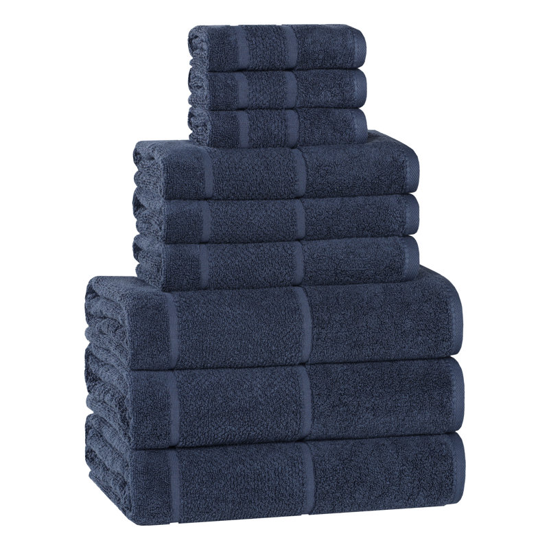 Mile Smart Twist Viscose Cotton Blend Medium Weight Solid Thick Border Towel Set, Navy Blue