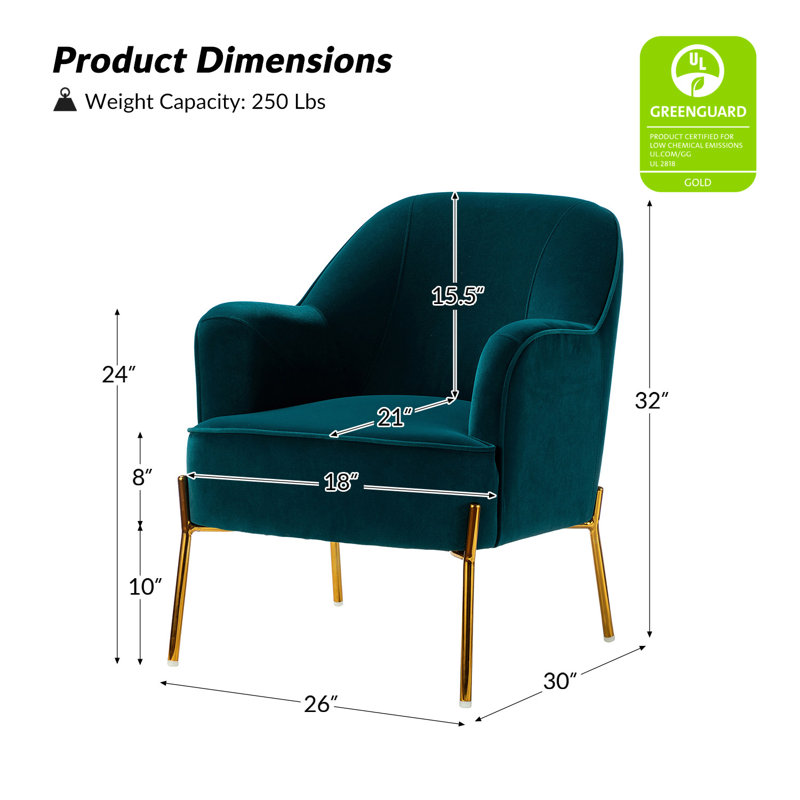 Chaise contemporaine Cleo de 26 po de largeur avec accoudoirs encastrés, Velours sarcelle