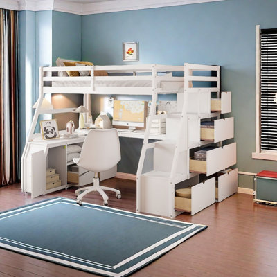 Lit mezzanine double avec 7 tiroirs, 2 tablettes et un bureau