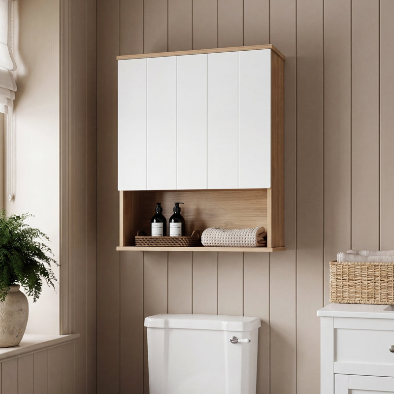 Armoire de rangement asymétrique au-dessus de la toilette, armoire murale de salle de bain bicolore l 24 "avec tablette ouverte et charnières à fermeture en douceur