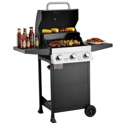 3-Burner Propane Gas Grill Carbon Steel BBQ Grill w/ Foldable Side Shelves
