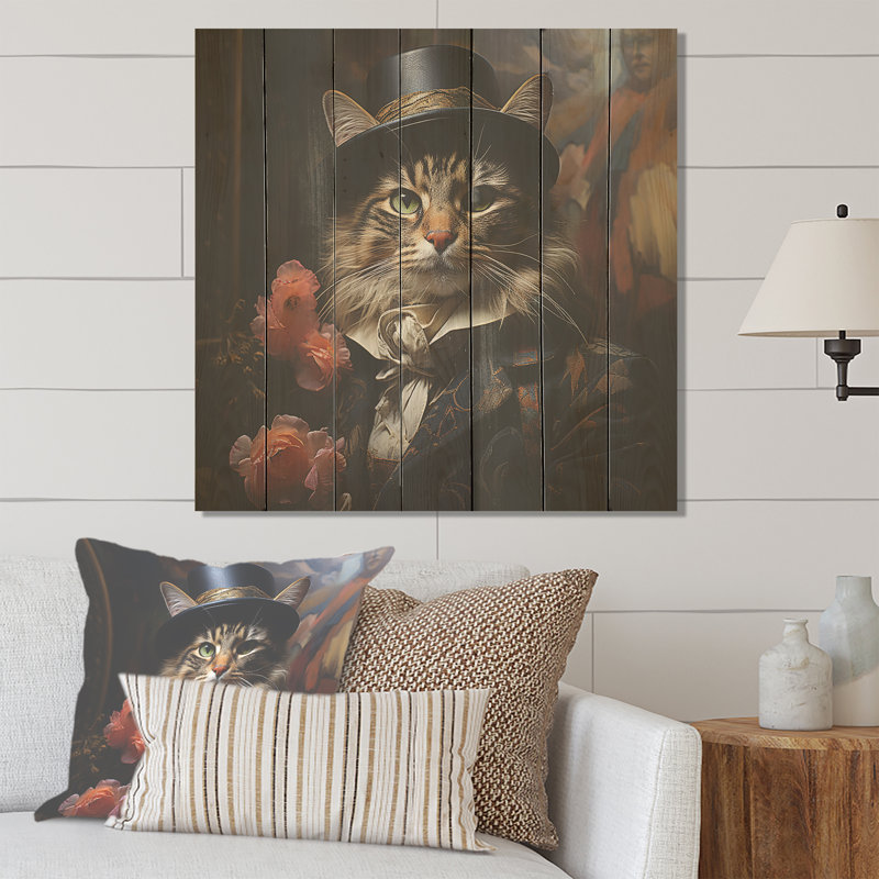 Cat Gangster Mafia Fashion II - Cat On Wood Print, 25" H x 25" W