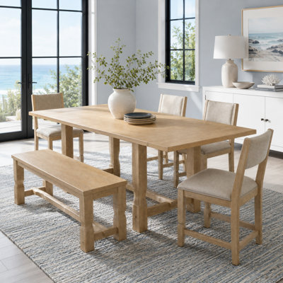 Ensemble de salle à manger extensible 6 pièces avec 4 chaises rembourrées et banc, structure en bois d'hévéa, naturel