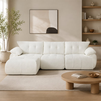 115 inch Large Modern 3-Seater Chenille Sofa with upholstered curved horn backrest, suitable for living rooms, bedrooms, apartments and offices, beige