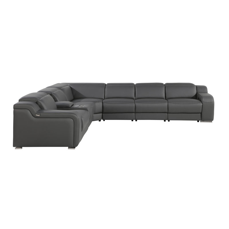 Tahari 7 - Piece Top Grain Italian Leather Power Reclining Sectional, Dark Gray Genuine Leather