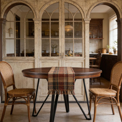 Table de salle à manger 46,85 "ronde, panneau de fibres à densité moyenne brun avec pieds en métal noir, table de salle à manger 4 places industrielle moderne